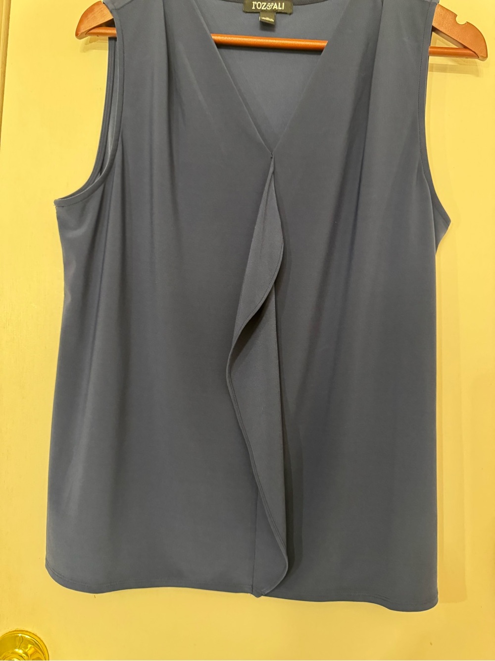 Roz & Ali Slate Blue V-Neck Sleeveless Ruffle Front Top